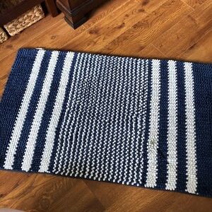 Blue & white striped non skid bathroom rug